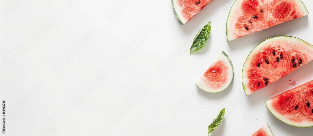Scandinavian-styled flat lay featuring fresh watermelon slices on a white table with copy space for blogs or recipe books embodying a minimalistic summer fruit theme. Scandinavian-styled flat lay featuring fresh watermelon slices on a white table with copy space for blogs or recipe books embodying a minimalistic summer fruit theme.