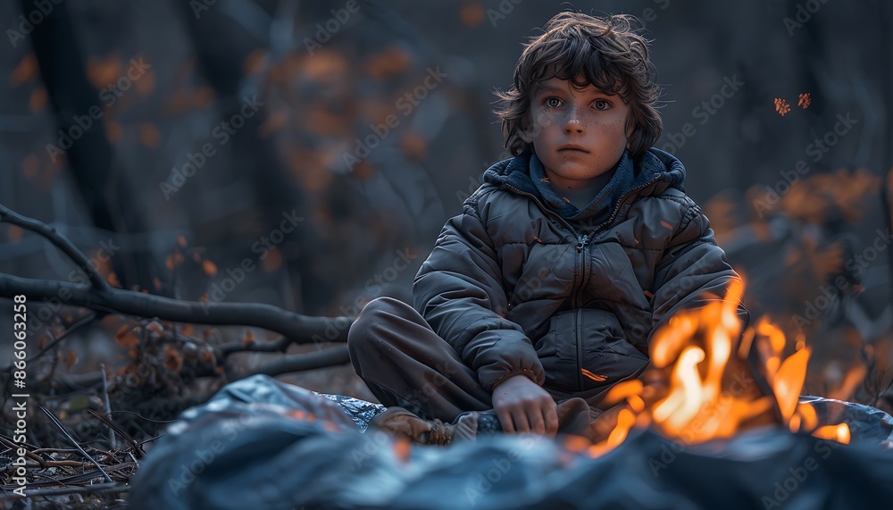 Young boy sitting on the ground near the bonfire in the forest