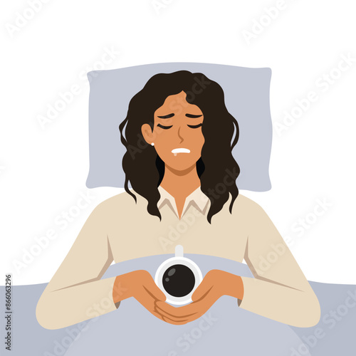 Exhausted latina woman lying in bed with coffee. Flat vector illustration isolated on white background