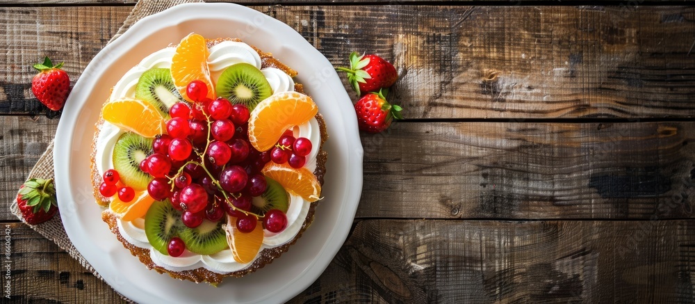 A delectable dessert featuring red berries, kiwi, and orange slices on a cake with cream and jelly. Ideal for cookbooks, menus, postcards, or websites with a designated space for text and a top-view A delectable dessert featuring red berries, kiwi, and orange slices on a cake with cream and jelly. Ideal for cookbooks, menus, postcards, or websites with a designated space for text and a top-view