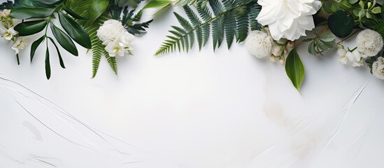 Elegant floral arrangement on a white backdrop featuring eucalyptus leaves, ferns, and white blooms around a central copy space image. Ideal for aromatherapy and natural pharmacy themes in a flat