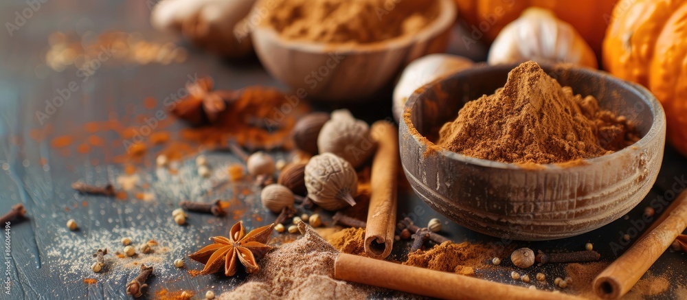 Essential spices for pumpkin spice include cinnamon, nutmeg, allspice, clove, and ginger with copy space image.