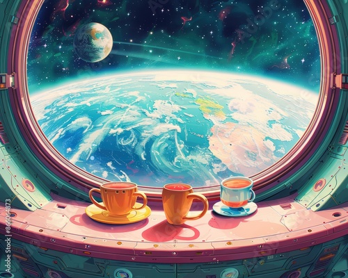 Three colorful cups on a spaceship window with a breathtaking view of Earth and the moon in space, portraying futuristic travel. photo