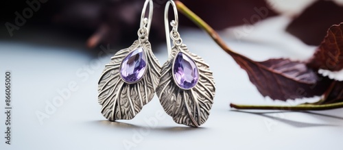 Closeup shot depicting a stunning pair of silver earrings adorned with amethyst gemstones and leaf designs on a light blue background with room for text in the image. with copy space image