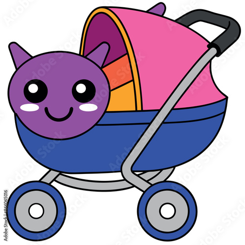 Cartoon illustration of a baby carriage with a red perambulator in front and a child pram standing
