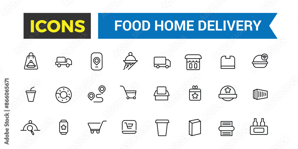 Food Home Delivery icons collection. Outline icons pack. Editable vector icon set and illustration for web and UI. Food Home Delivery icons collection. Outline icons pack. Editable vector icon set and illustration for web and UI.