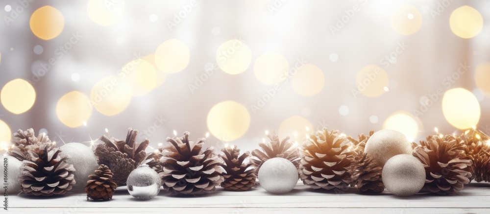 White wooden table decorated with pine cones, creating a pure Christmas ambiance with copy space image. White wooden table decorated with pine cones, creating a pure Christmas ambiance with copy space image.