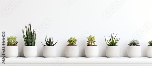 Wallpaper Mural Elegant marbled succulent planters displayed with tiny plants on a white shelf against a white wall, with an available copy space image. Torontodigital.ca