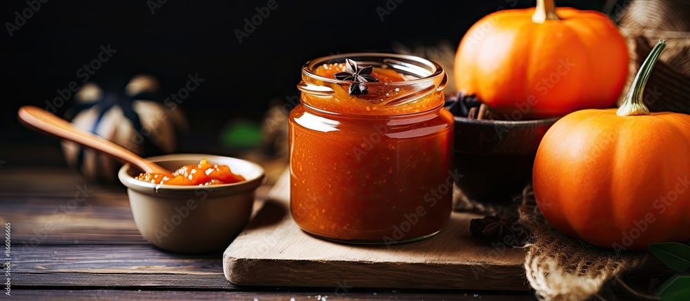 A rustic wooden table displays pumpkin jam with spices in a toned image, creating a fall harvest concept with copy space. A rustic wooden table displays pumpkin jam with spices in a toned image, creating a fall harvest concept with copy space.