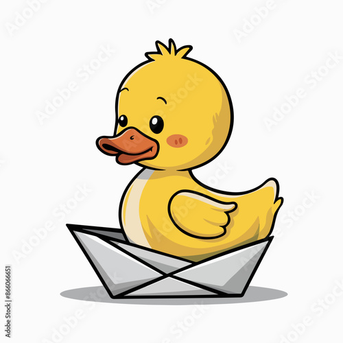 cute duckling illustration amousing pose with paper boat ai generated