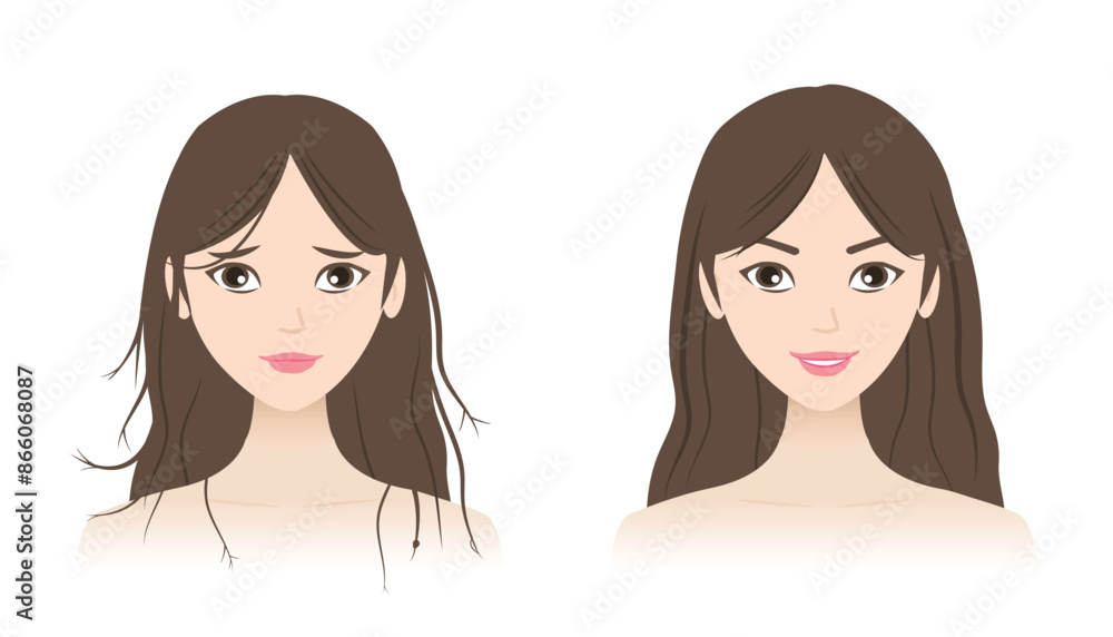 Comparison of split ends and healthy hair vector illustration isolated on white background. The woman with baby split, y split, incomplete, knot and strong, supple, shiny hair. Hair care concept. Comparison of split ends and healthy hair vector illustration isolated on white background. The woman with baby split, y split, incomplete, knot and strong, supple, shiny hair. Hair care concept.