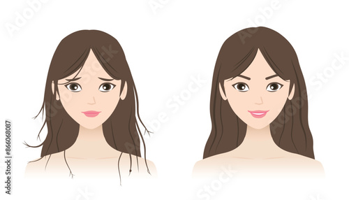 Comparison of split ends and healthy hair vector illustration isolated on white background. The woman with baby split, y split, incomplete, knot and strong, supple, shiny hair. Hair care concept.