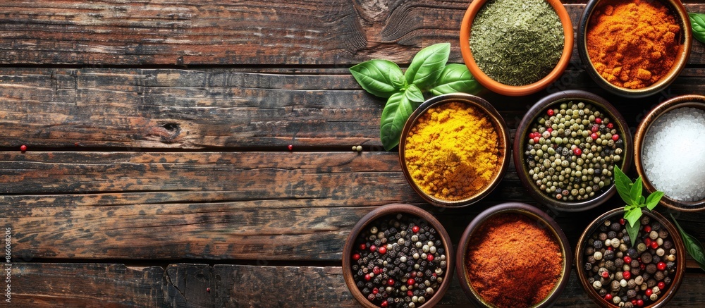 Colorful spices like basil, pepper, saffron, salt, paprika, and turmeric arranged in small bowls on a wooden table. Top view with a rustic background and space for image insertion. Copy space image Colorful spices like basil, pepper, saffron, salt, paprika, and turmeric arranged in small bowls on a wooden table. Top view with a rustic background and space for image insertion. Copy space image