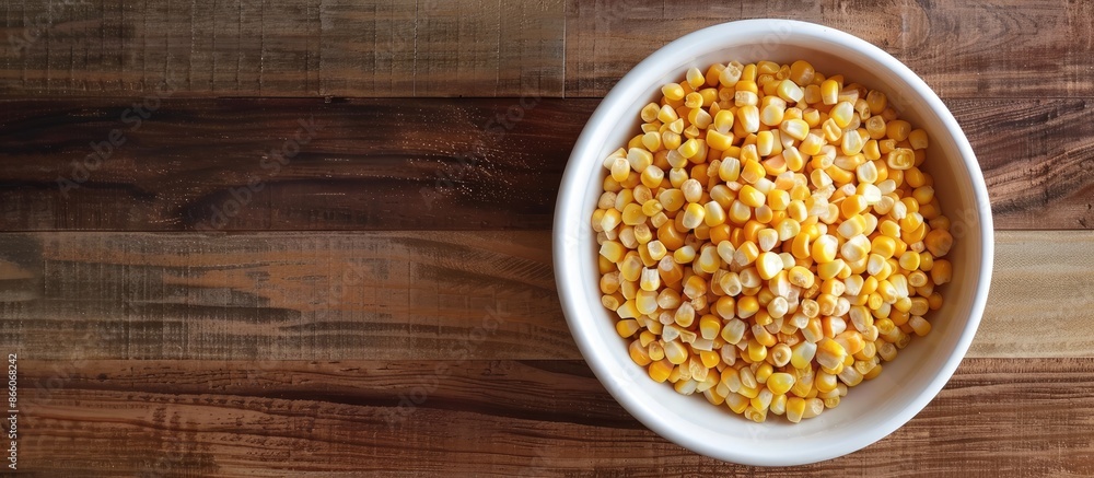 A white bowl filled with sweet corn grains set on a wooden surface, perfect for food-themed copy space image. A white bowl filled with sweet corn grains set on a wooden surface, perfect for food-themed copy space image.