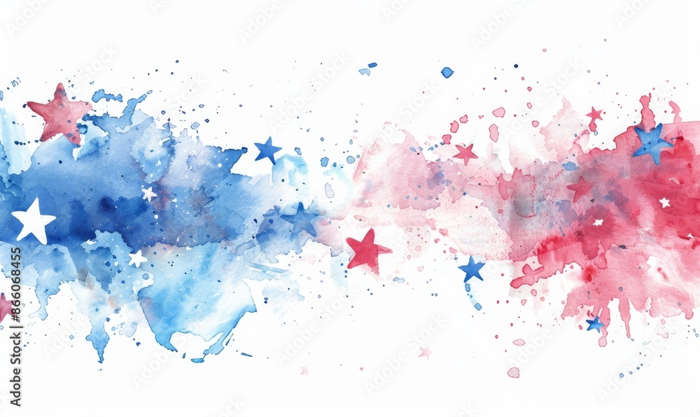 Fototapeta premium Watercolor splashes in red and blue colors with stars. USA national holiday concept background.