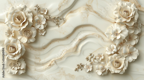 Elegant cream-colored roses and delicate flowers adorn a marbled background with gentle flowing patterns image.