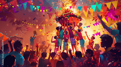 Dahi Handi Celebration. This vibrant illustration captures the joyous spirit of the Dahi Handi celebration, a popular festival in India.