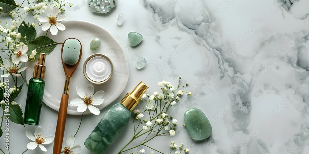 Fototapeta Gua Sha Beauty Roller and Collagen Skincare Products Showcased in Web Banner. Concept Skincare Essentials, Beauty Tools, Anti-Aging Solutions, Revitalize Your Skin