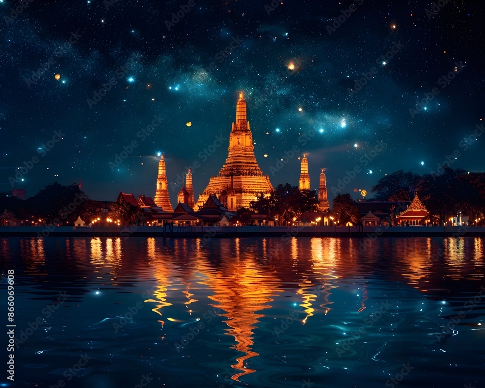 Obraz premium Breathtaking Night Scene of Illuminated Wat Arun Temple Reflected in the River in Thailand