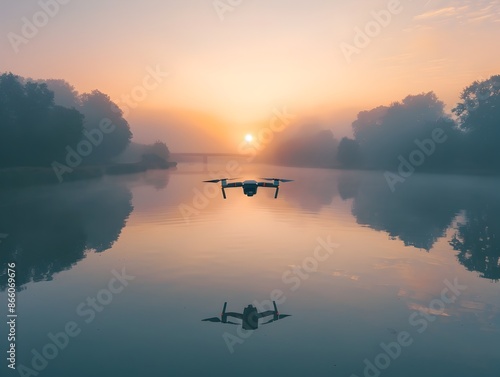 Drone capturing serene dawn landscape with mist over tranquil lake