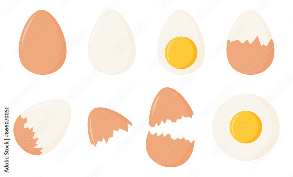 Chicken eggs icon boiled, crack, and fried eggs sticker cartoon flat illustration Chicken eggs icon boiled, crack, and fried eggs sticker cartoon flat illustration
