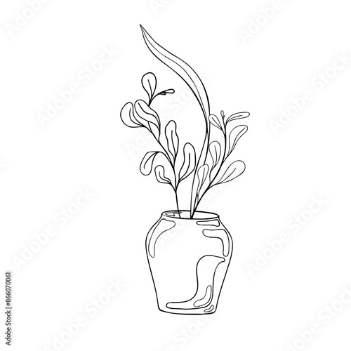 Plants in vase vector graphic hand drawn illustration. Pot and leaves on branch in black white line. Contour pottery in ink painted. Element for ceramics workshop, school modeling clay. Coloring vase