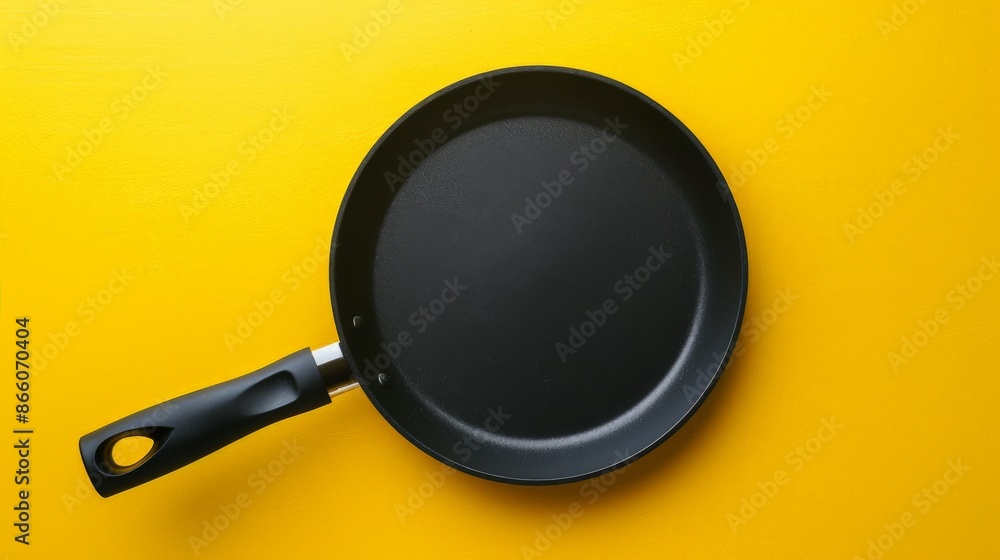 Black Frying Pan on a Yellow Background Black Frying Pan on a Yellow Background