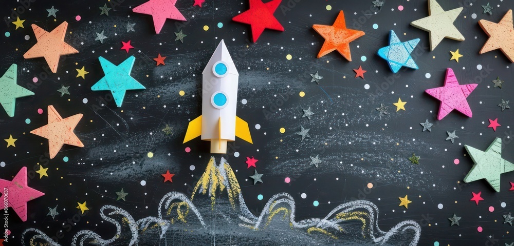 School-themed banner featuring a paper rocket on a blackboard, surrounded by colorful chalk stars, flat lay, high-definition shot School-themed banner featuring a paper rocket on a blackboard, surrounded by colorful chalk stars, flat lay, high-definition shot