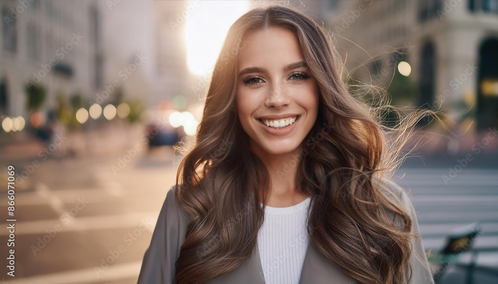 Beautiful Young Caucasian Woman with Long Wavy Hair Smiling Confidently Outdoors in a Stylish Outfit Beautiful Young Caucasian Woman with Long Wavy Hair Smiling Confidently Outdoors in a Stylish Outfit