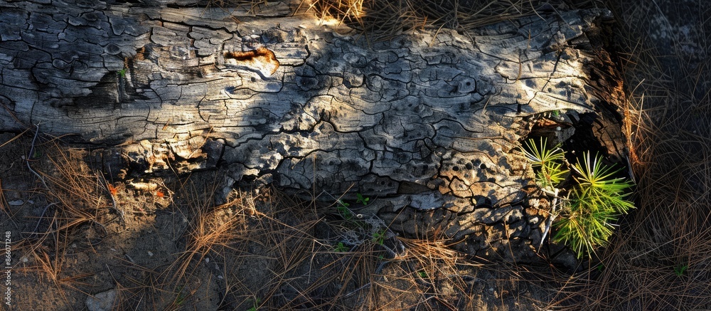 Crowberry grass casts a shadow on the cracked fallen dry tree trunk in an inviting scene with copy space image. Crowberry grass casts a shadow on the cracked fallen dry tree trunk in an inviting scene with copy space image.