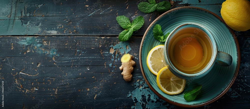A cup of tea with lemon, mint leaves, and ginger slices on a dark wooden background, with room for additional images. A cup of tea with lemon, mint leaves, and ginger slices on a dark wooden background, with room for additional images.