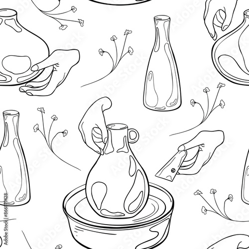 Women's hands using pottery tools for making clay pot ink silhouette hand drawn vector. Ceramic vase on pottery wheel in graphic black white outline. Making ceramic jug and flowers seamless pattern