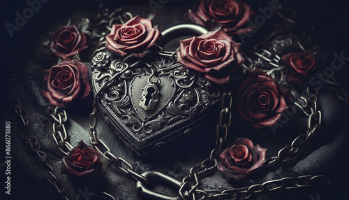 Fototapeta Naklejka Na Ścianę i Meble -  Gothic romance Close-up of a heart-shaped lock with chains and roses symbolizing love and passion, set against a dark and moody background