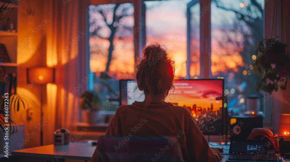 A woman working at a computer in her home office, with a beautiful sunset visible through the window, creating a cozy atmosphere. A woman working at a computer in her home office, with a beautiful sunset visible through the window, creating a cozy atmosphere.