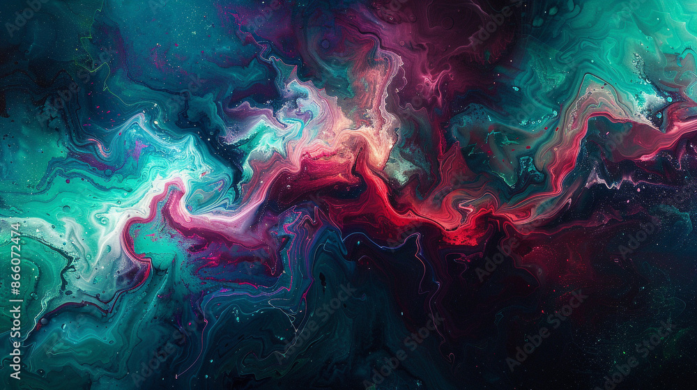 Fototapeta premium Abstract swirls and dynamic brushstrokes in deep shades of crimson, emerald green, and sapphire blue, capturing the richness of oil pigments.