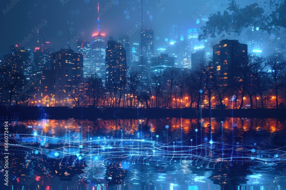 Fototapeta premium Night Cityscape with Digital Overlay