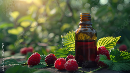 Organic Raspberry Extract in Fresh Bottle with Raspberries in Sunny Garden