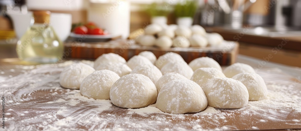 Pizza dough balls in the kitchen, ready to become a delicious pizza, with copy space image. Pizza dough balls in the kitchen, ready to become a delicious pizza, with copy space image.