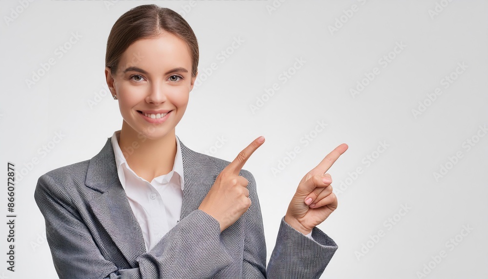 Cheerful Caucasian manager in grey suit pointing at free space Cheerful Caucasian manager in grey suit pointing at free space