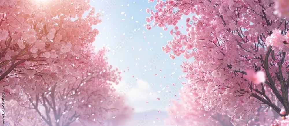 Fototapeta premium Flowering cherry trees in full bloom with copy space image.