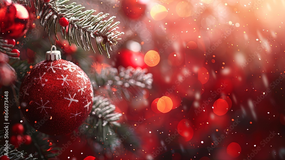 A close-up image of red and gold Christmas ornaments hanging on a snow-covered pine tree branch, capturing the festive spirit and joy of the holiday season in brilliant detail. A close-up image of red and gold Christmas ornaments hanging on a snow-covered pine tree branch, capturing the festive spirit and joy of the holiday season in brilliant detail.
