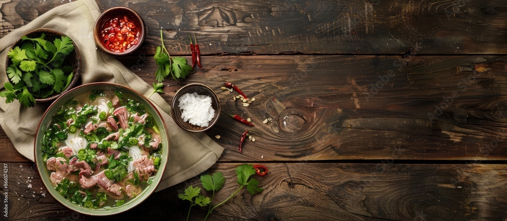 Pho Bo, a Vietnamese soup with beef and coriander, presented on a rustic wooden table, is showcased in a captivating copy space image. Pho Bo, a Vietnamese soup with beef and coriander, presented on a rustic wooden table, is showcased in a captivating copy space image.