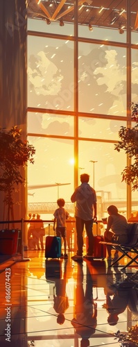 Travelers at an airport terminal, silhouetted by the golden sunlight, with luggage, and large windows framing the scene.