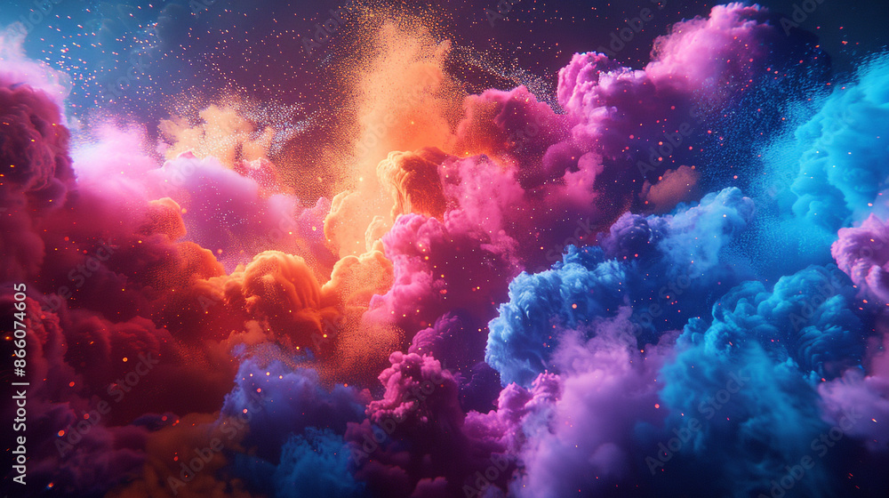 A dynamic composition with explosions of vibrant powder in shades of neon pink, electric blue, and bright yellow, creating a sense of movement and energy. A dynamic composition with explosions of vibrant powder in shades of neon pink, electric blue, and bright yellow, creating a sense of movement and energy.