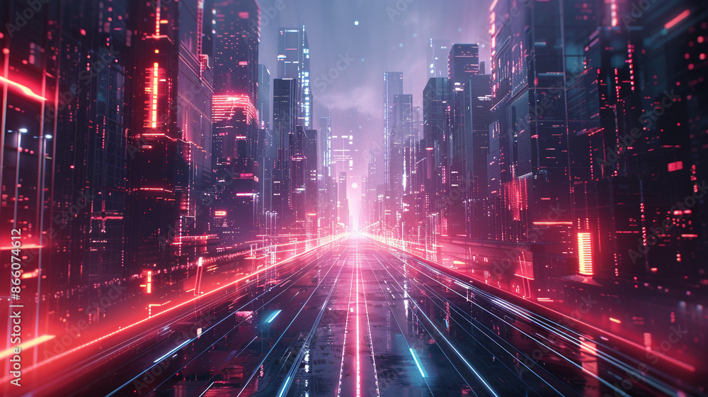 A futuristic abstract cityscape with sleek, angular buildings and neon lights. A futuristic abstract cityscape with sleek, angular buildings and neon lights.