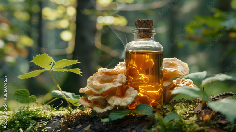 Luxury Lion's Mane Mushroom Elixir in Bottled Form Surrounded by Primeval Forest Luxury Lion's Mane Mushroom Elixir in Bottled Form Surrounded by Primeval Forest