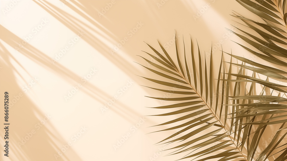 Obraz premium palm leaves on light cream wall, minimalistic summer background, tropical leaves wallpaper