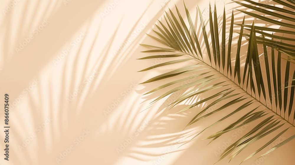 Obraz premium palm leaves on light cream wall, minimalistic summer background, tropical leaves wallpaper