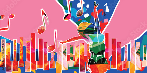  Dancing young woman with violoncello on colorful background. Dancing studio poster
