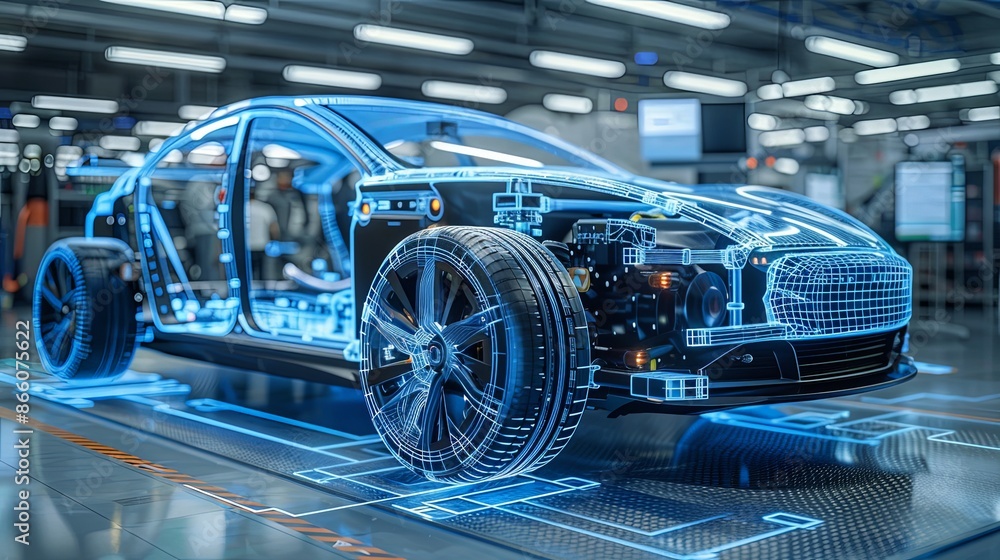 The image features a holographic car model in an engineering design studio, blending cutting-edge visualization tools with automotive technology for superior vehicle development. The image features a holographic car model in an engineering design studio, blending cutting-edge visualization tools with automotive technology for superior vehicle development.